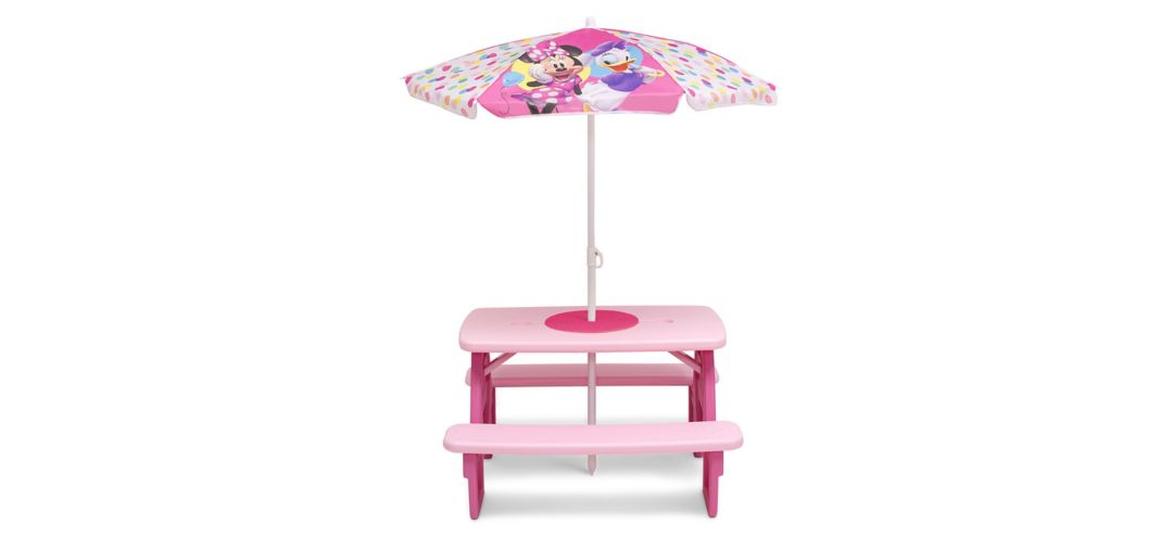 Minnie Mouse Four Seat Picnic Table wth Umbrella and Lego Compatible Table Top by Delta Children