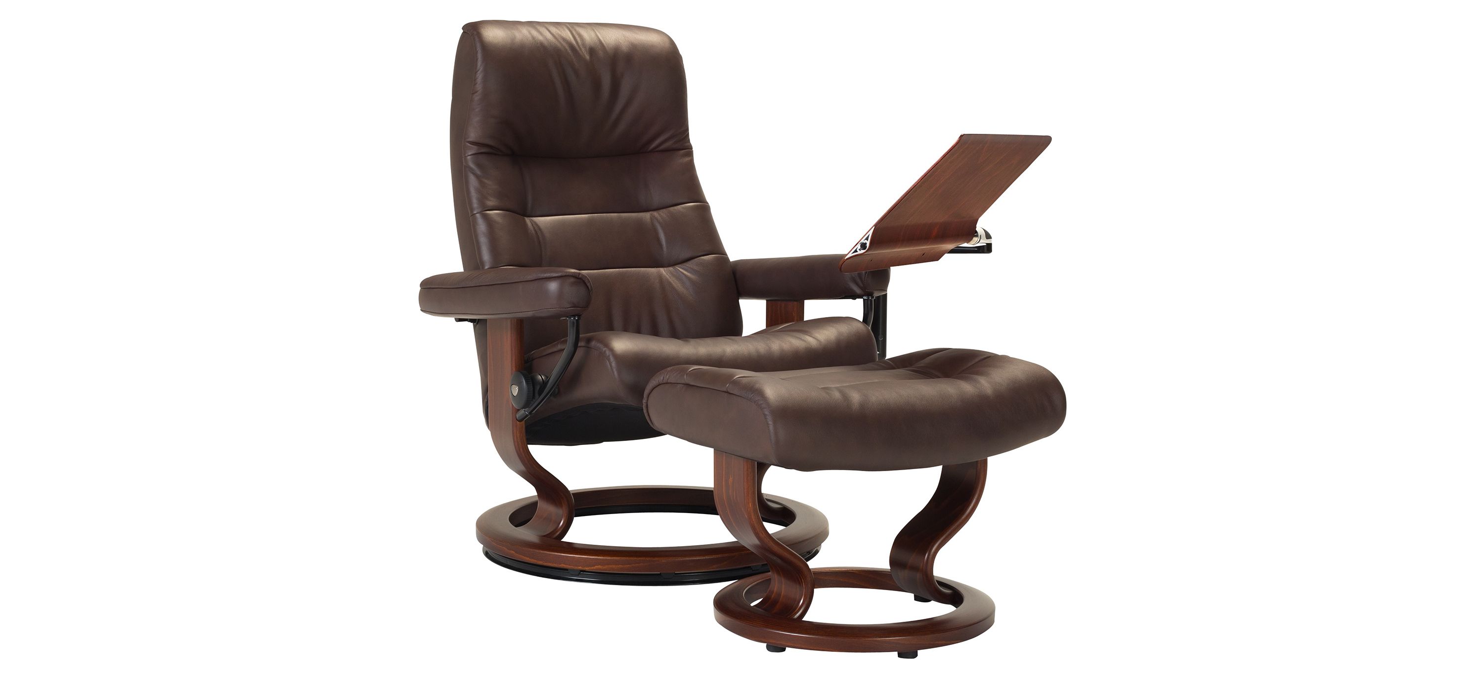 Stressless Opal Medium Leather Reclining Chair and Ottoman w/ Table