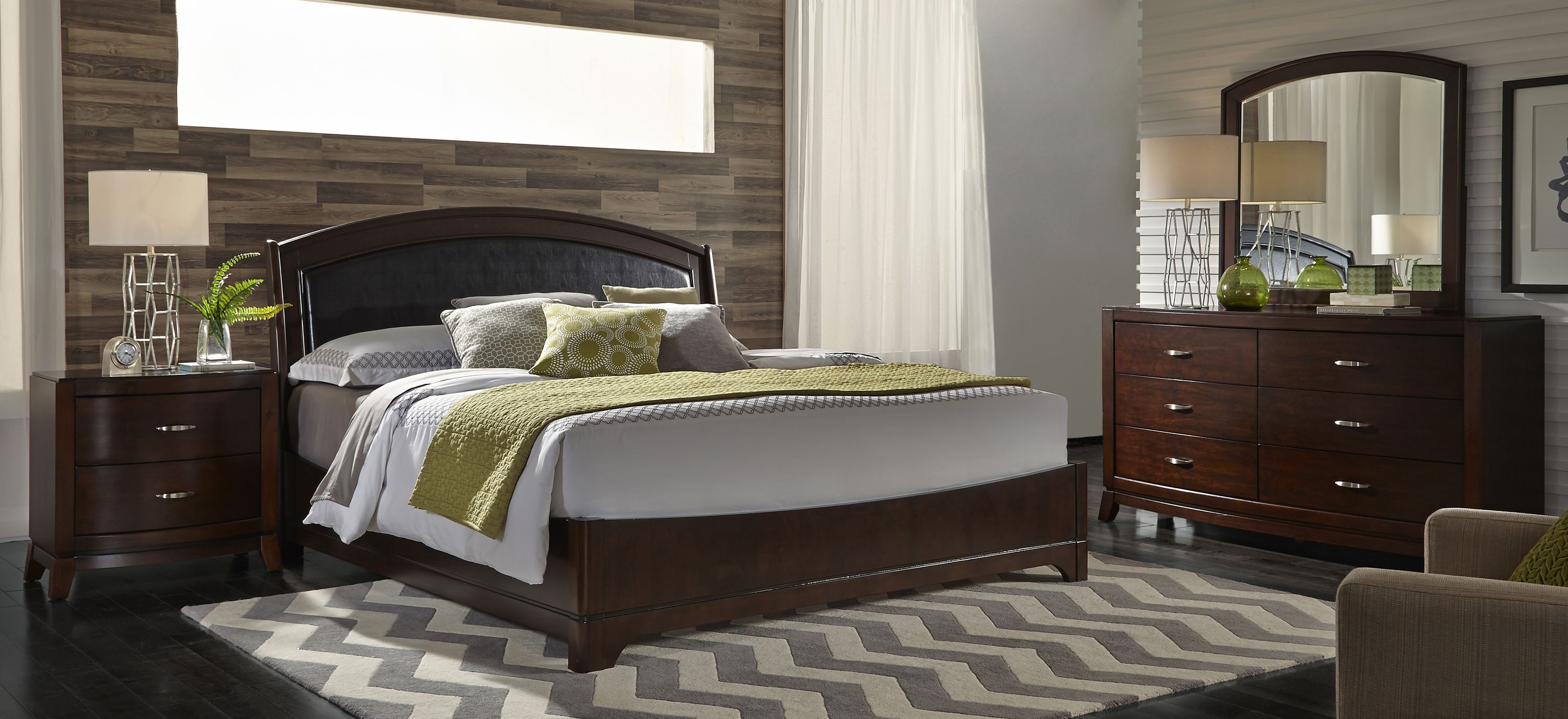 Avalon Upholstered 4-pc. Panel Bedroom Set w/ Arched Mirror