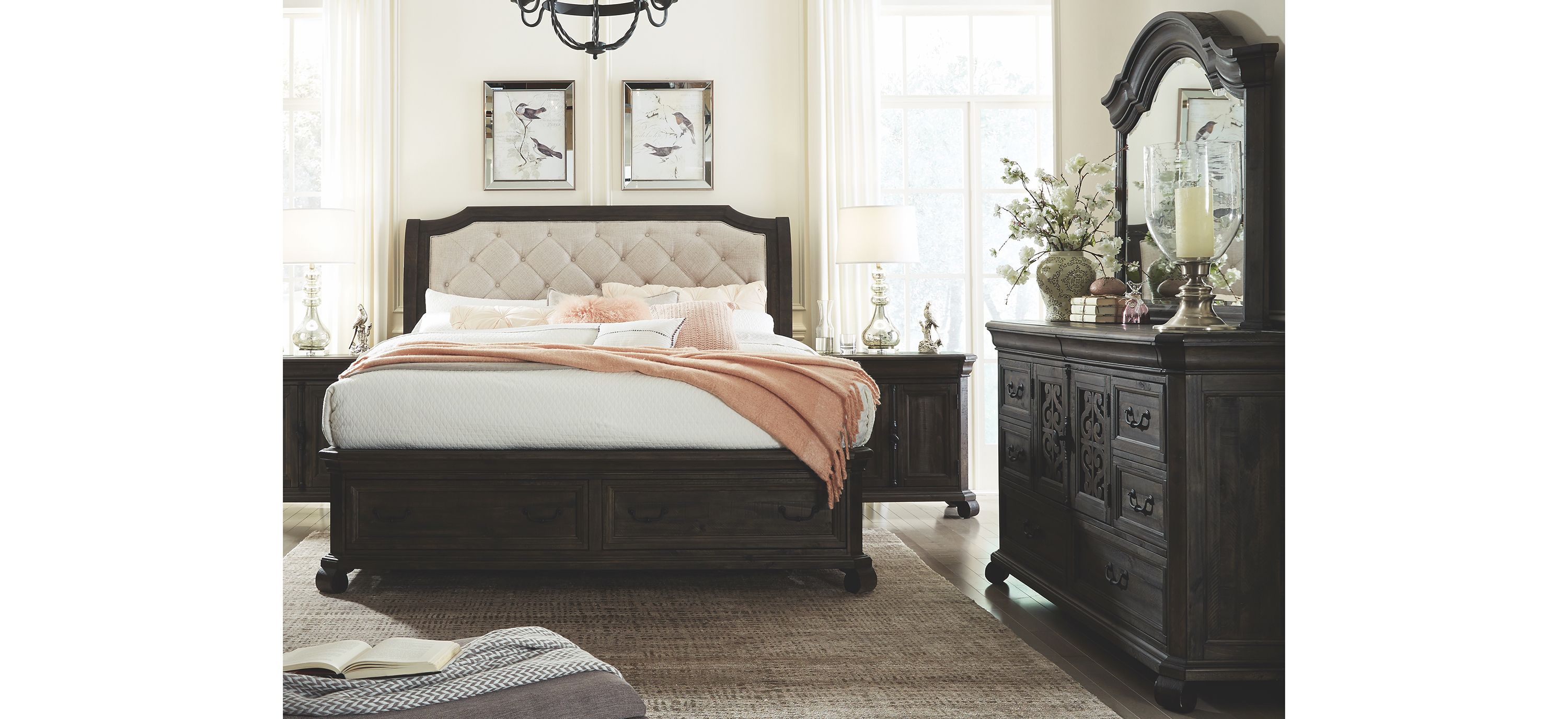 Bellamy Upholstered 4-pc. Storage Sleigh Bedroom Set w/ Arched Mirror