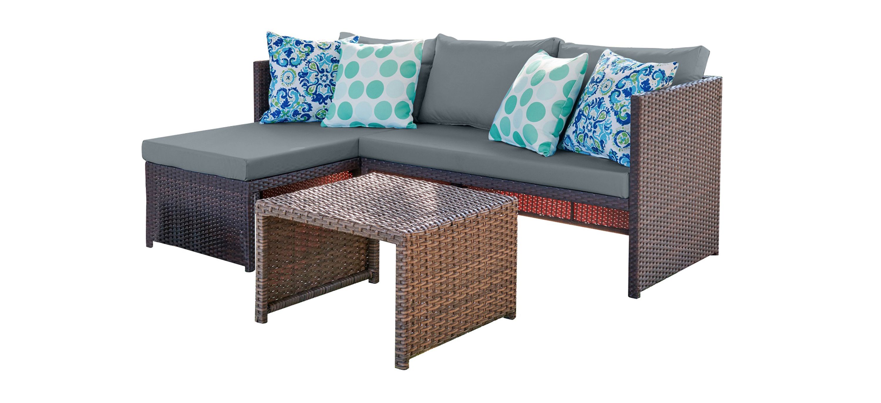 Marley Outdoor Patio Left Hand Facing Sofa with Chaise and Coffee Table