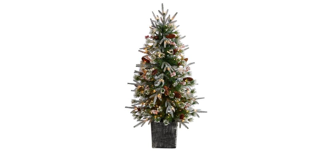4' Pre-Lit Frosted Artificial Tree and Berries in Decorative Planter