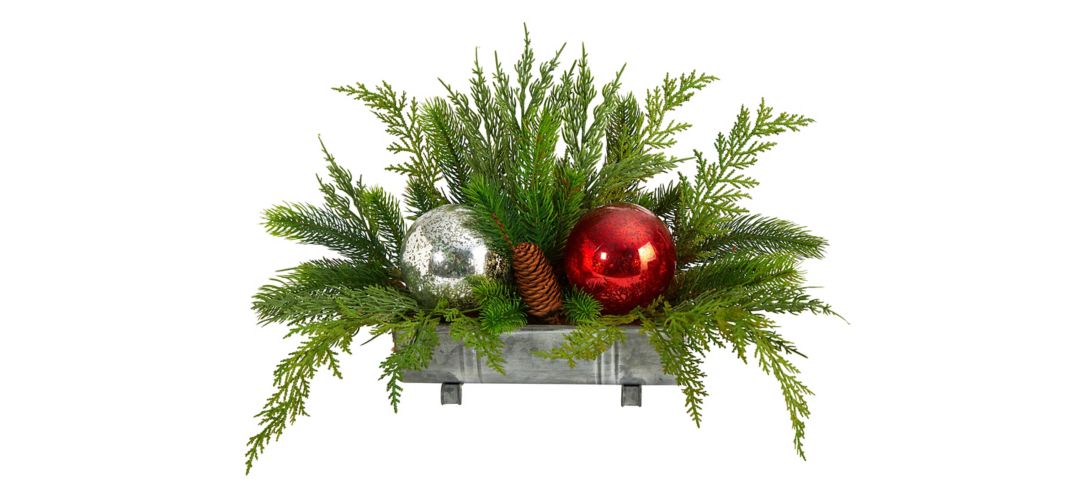 "18"" Holiday Winter Cedar Pine Artificial Table Arrangement with Ornaments"