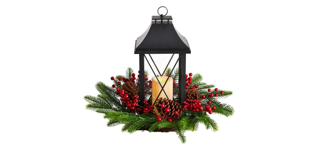 16 Holiday Table Arrangement with Lantern and LED Candle
