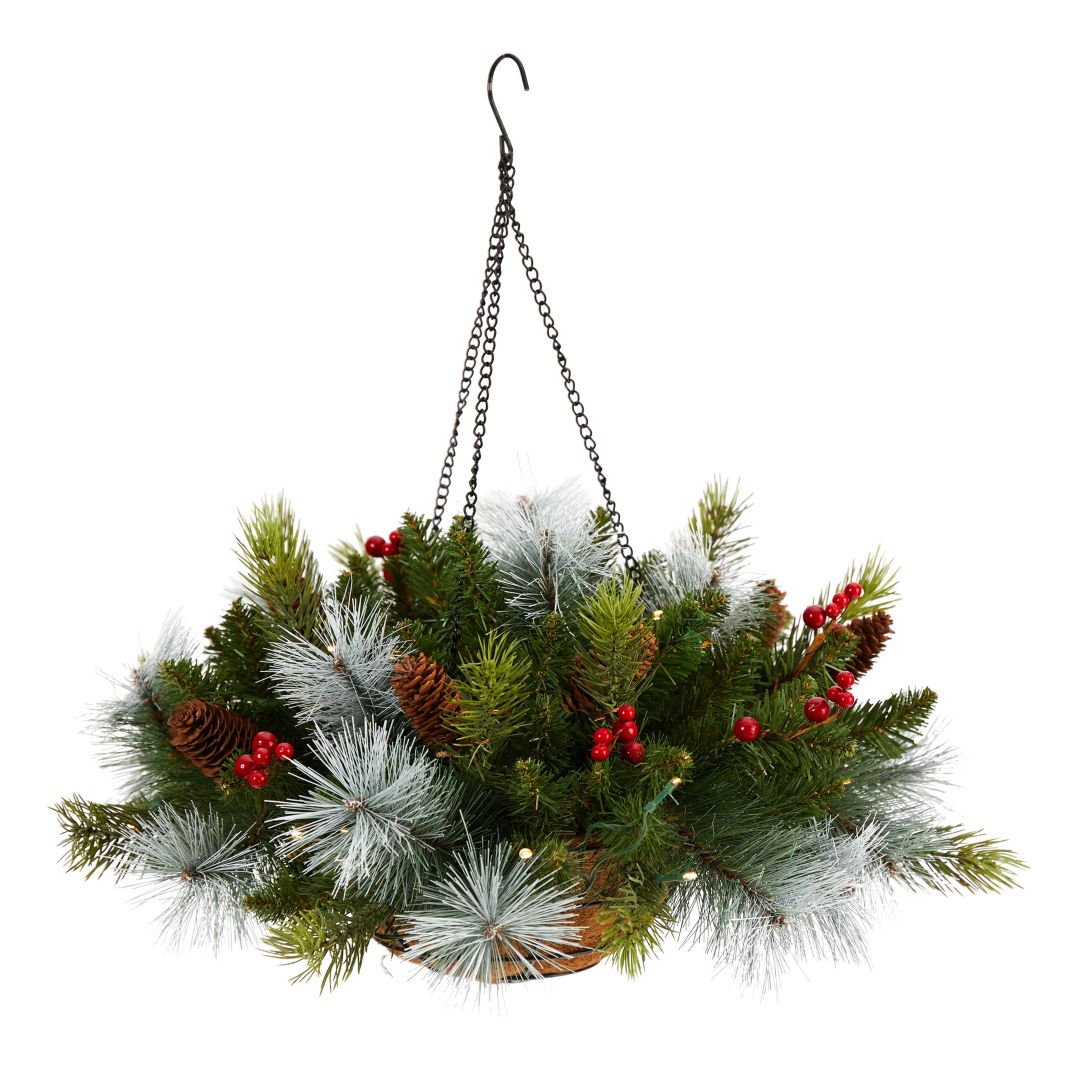 "24"" Holiday Pre-Lit Pine and Berries Artificial Hanging Basket"
