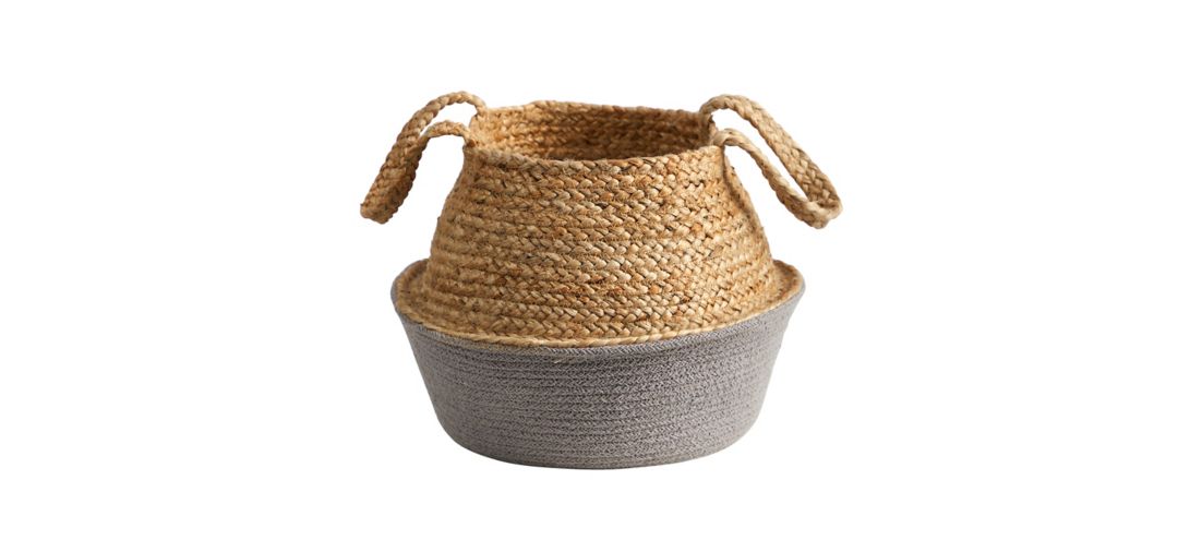 14in. Boho Chic Handmade Cotton & Jute Gray Woven Basket Planter