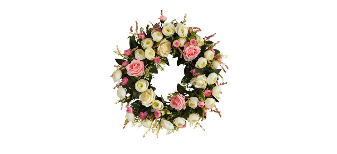 20in. White & Pink Rose Artificial Wreath