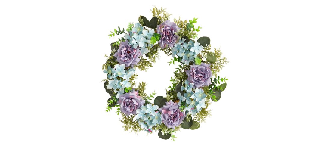 22in. Blue Hydrangea and Purple Rose Artificial Wreath