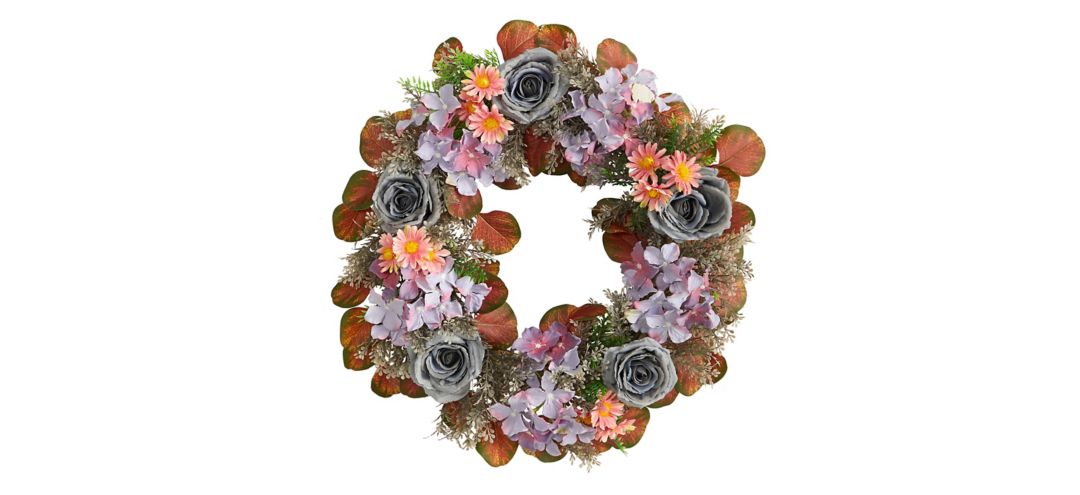 22in. Silver Rose and Purple Hydrangea Artificial Wreath