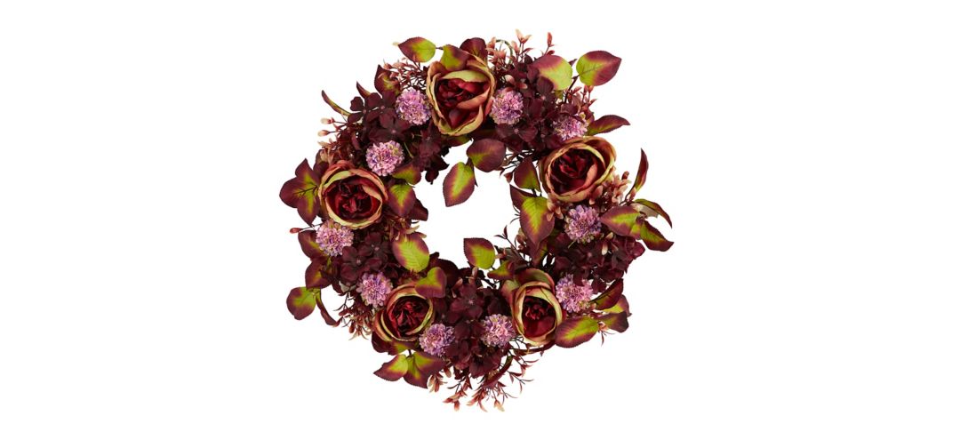 22in. Mixed Fall Rose and Hydrangea Autumn Artificial Wreath