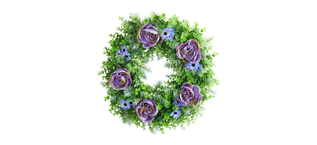 22in. Purple Rose, Blue Daisy and Greens Artificial Wreath