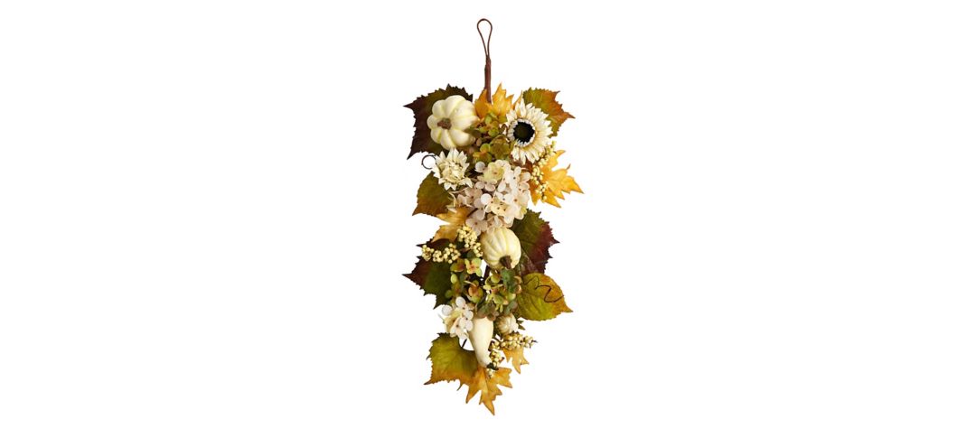 33in. Fall Sunflower, Hydrangea and White Pumpkin Artificial Autumn Teardrop