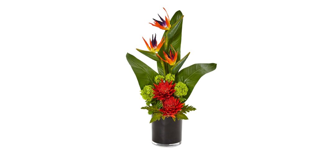 Bird of Paradise Tropical Artificial Arrangement in Black Vase