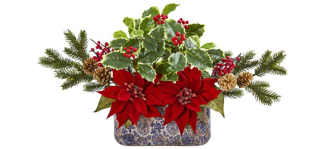 Poinsettia, Berry and Holly Artificial Arrangement