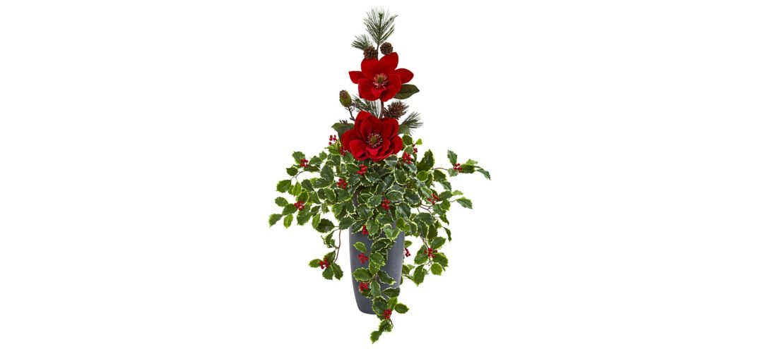 Magnolia, Pine and Variegated Holly Leaf Artificial Arrangement