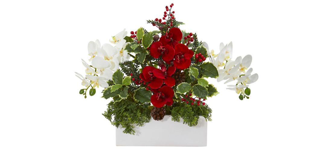 Phalaenopsis Orchid and Variegated Holly Artificial Arrangement