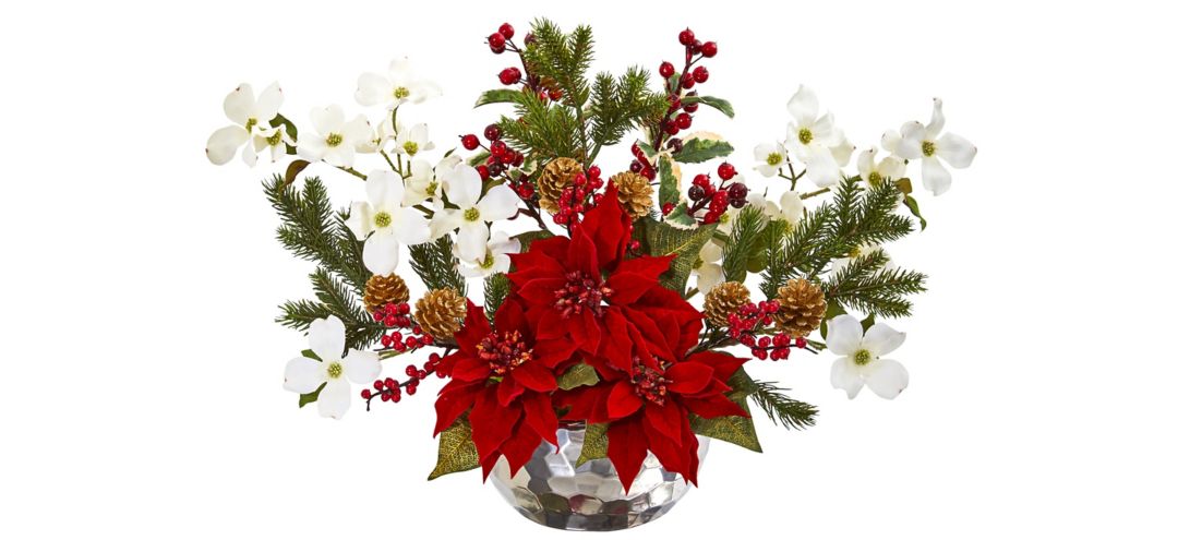 Poinsettia, Dogwood, Berry and Pine Artificial Arrangement