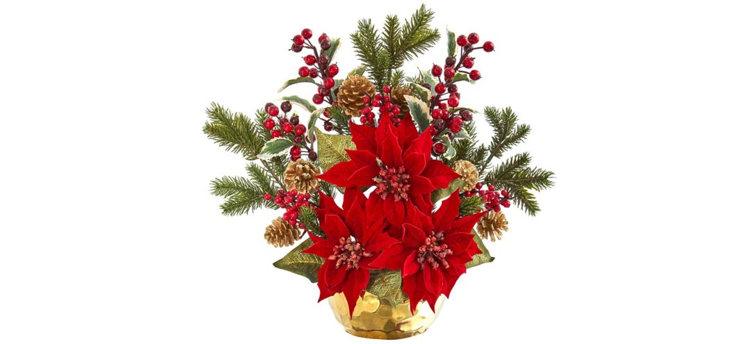 Poinsettia, Holly Berry and Pine Artificial Arrangement