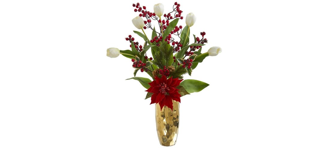 Tulip, Poinsettia and Berry Artificial Arrangement