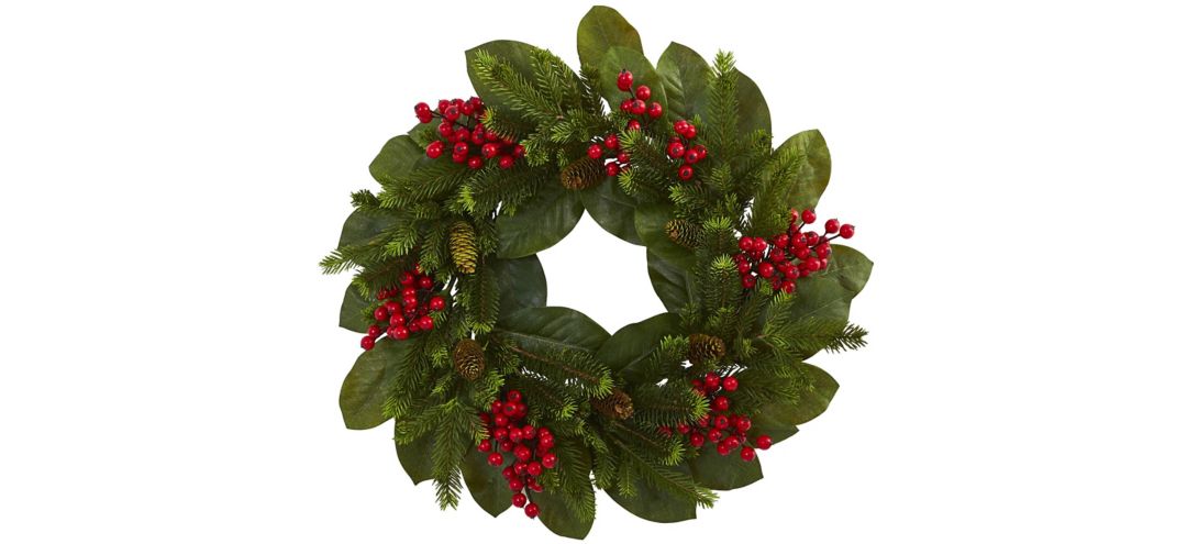 Magnolia Leaf, Berry and Pine Artificial Wreath