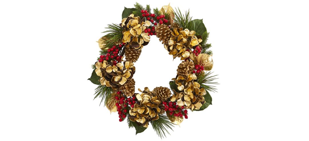 Golden Hydrangea with Berries and Pine Artificial Wreath