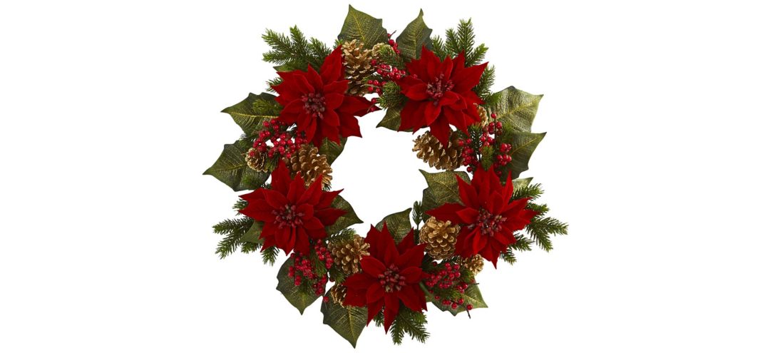Poinsettia, Berry and Golden Pinecone Artificial Wreath