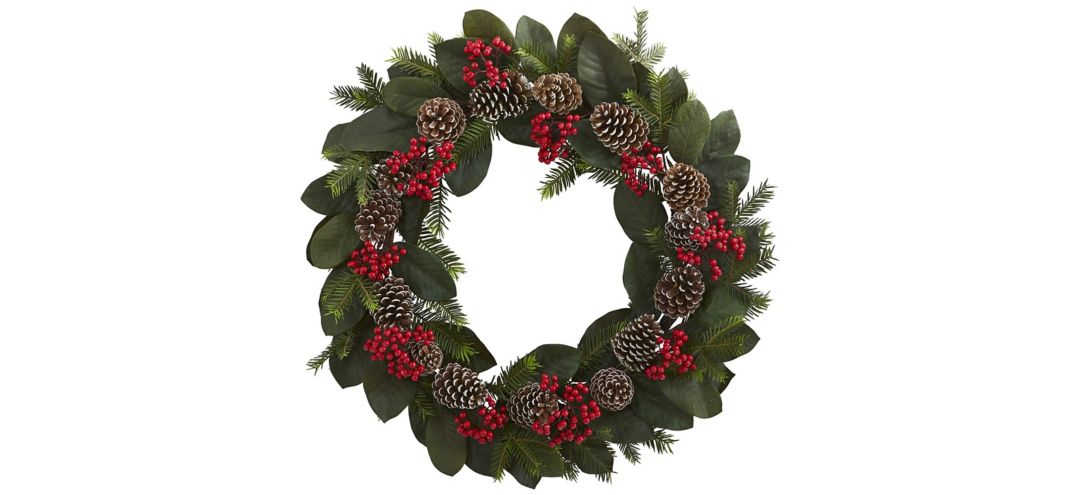 Magnolia Leaf, Berry, Pine and Pinecone Artificial Wreath
