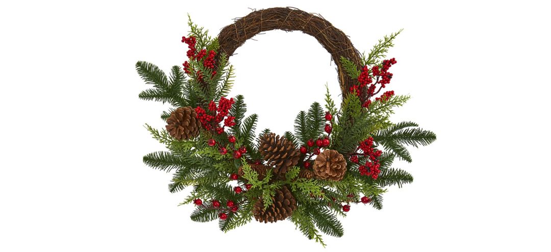 Mixed Pine and Cedar with Berries and Pinecones Artificial Wreath