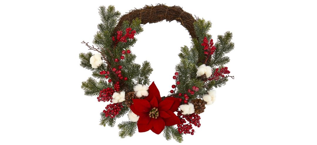Poinsettia with Berries and Cotton Artificial Wreath