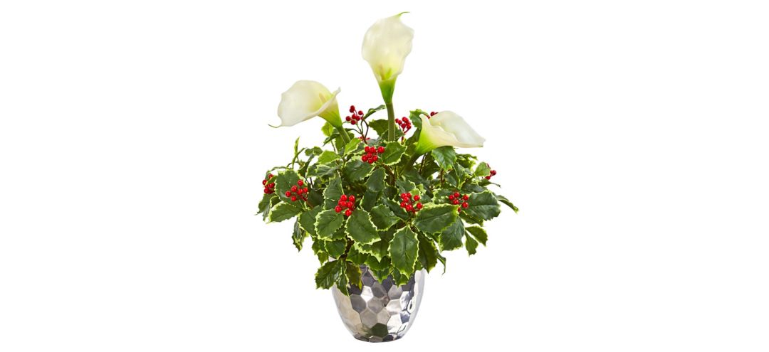Calla Lily and Holly Leaf Artificial Arrangement in Silver Vase
