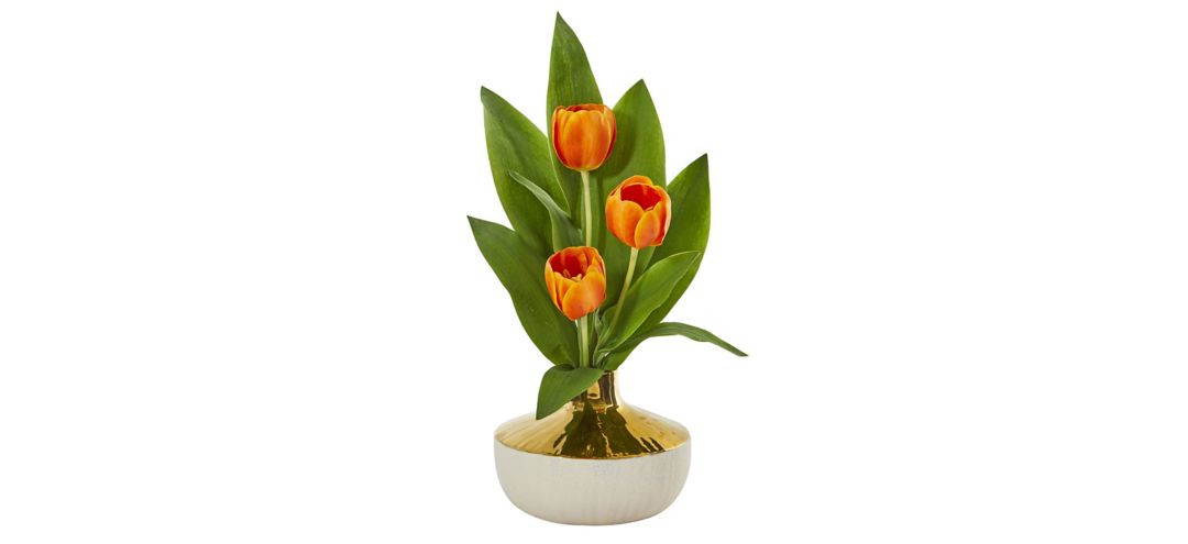 Tulip Artificial Arrangement in Gold and Cream Elegant Vase