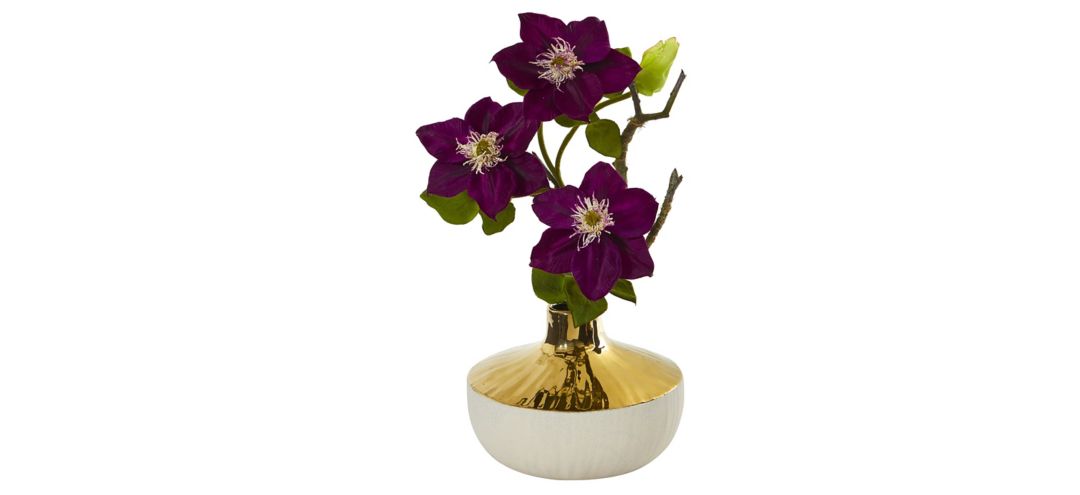 Purple Anemone Artificial Arrangement in Gold and Cream Elegant Vase