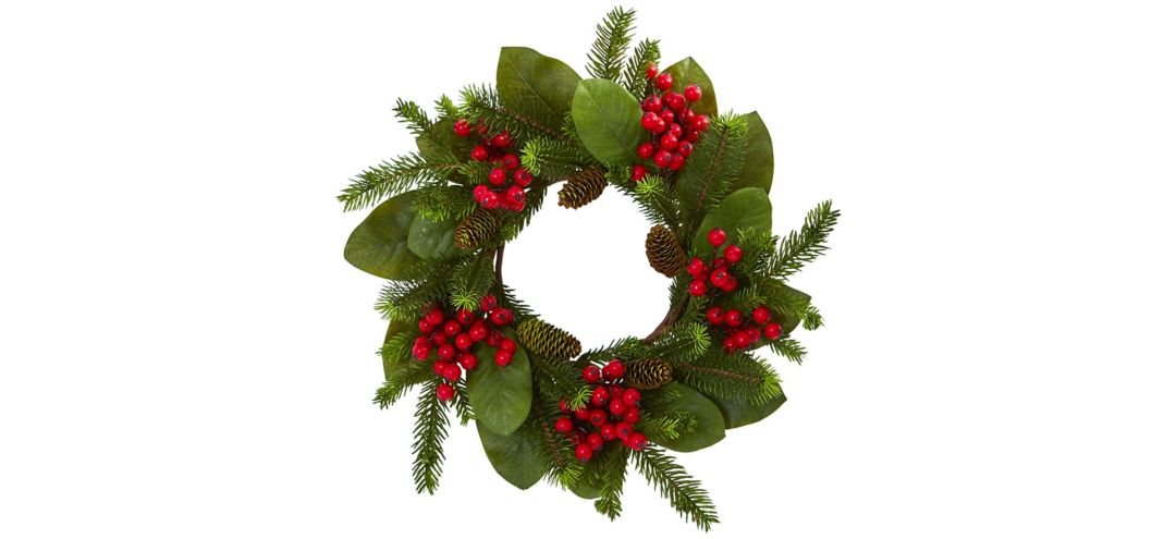 Magnolia Leaf, Berry and Pine Artificial Wreath