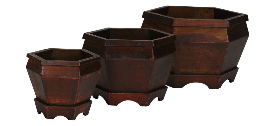 140127000 Wooden Hexagon Decorative Planter: Set of 3 sku 140127000