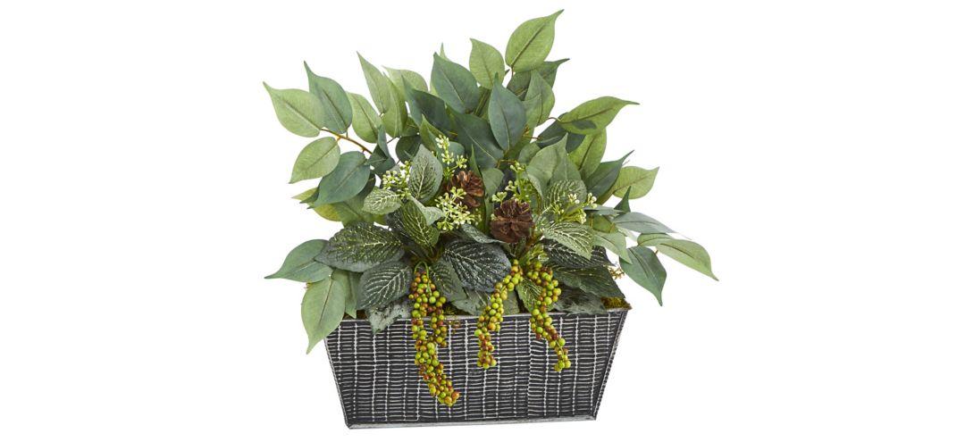 Mixed Ficus and Fittonia Artificial Plant in Embossed Tin Planter