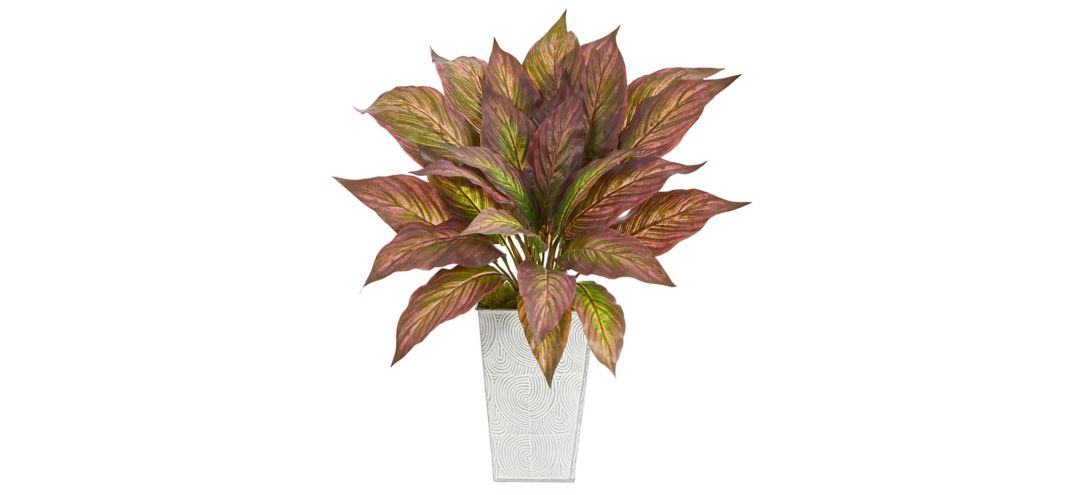 Musa Leaf Artificial Plant in Embossed White Planter