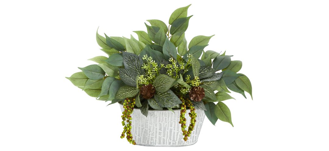 Mixed Ficus and Fittonia Artificial Plant in White Tin Planter