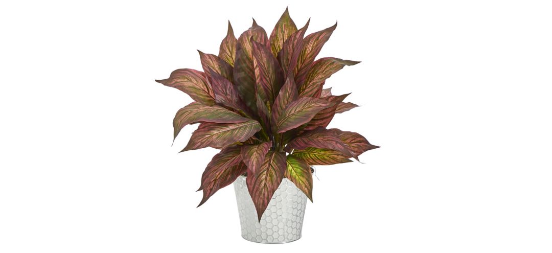 Burgundy Musa Leaf Artificial Plant in Embossed Planter