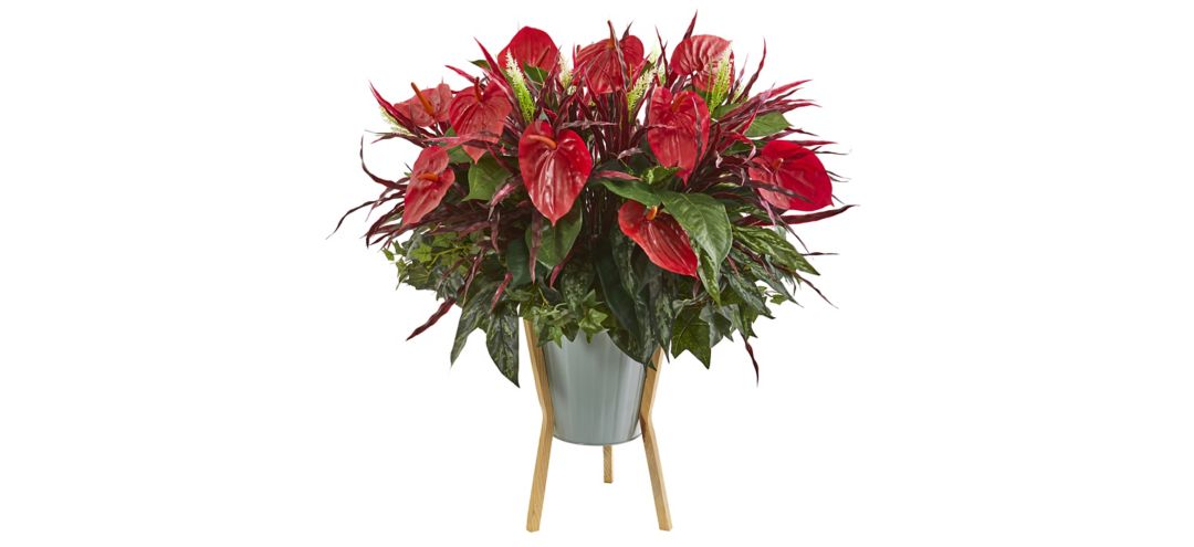 Mixed Anthurium Artificial Plant in Green Planter with Stand