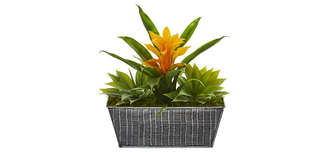 Yellow Bromeliad and Agave Artificial Plant in Embossed Tin Planter