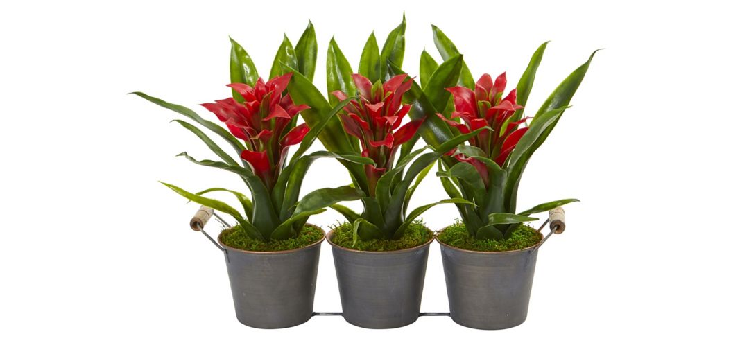 Triple Potted Bromeliad Artificial Plant in Decorative Planter