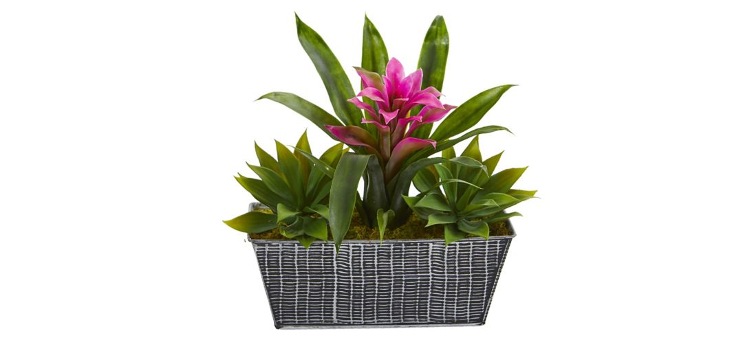 Purple Bromeliad and Agave Artificial Plant in Embossed Tin Planter