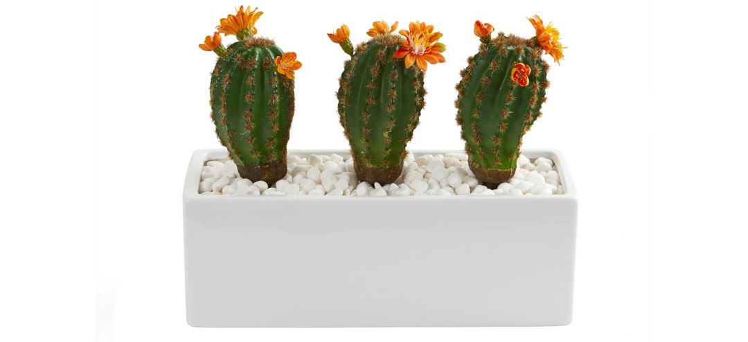 Cactus Succulent Artificial Plant in Glazed White Planter