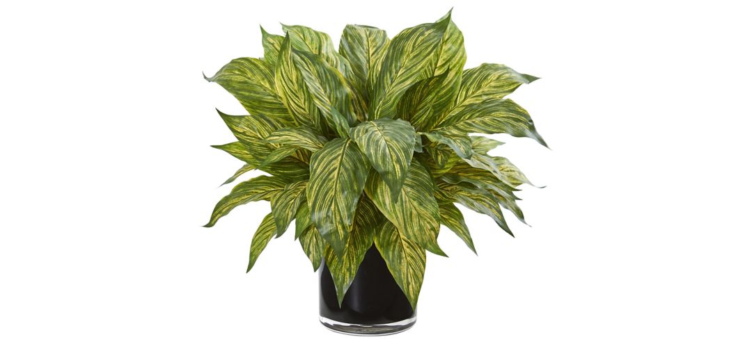 Musa Leaf Artificial Plant in Glossy Black Vase