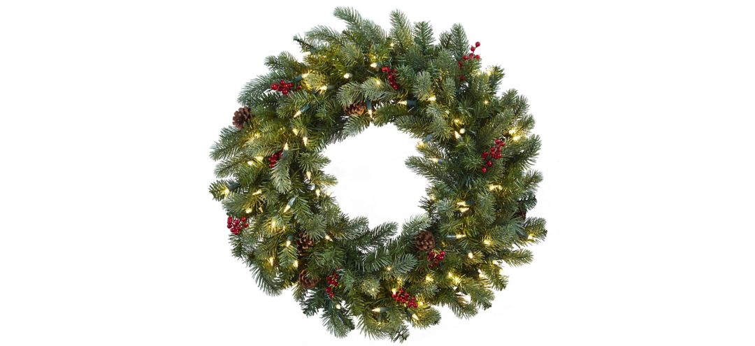 30” Lighted Pine Wreath with Berries & Pinecones