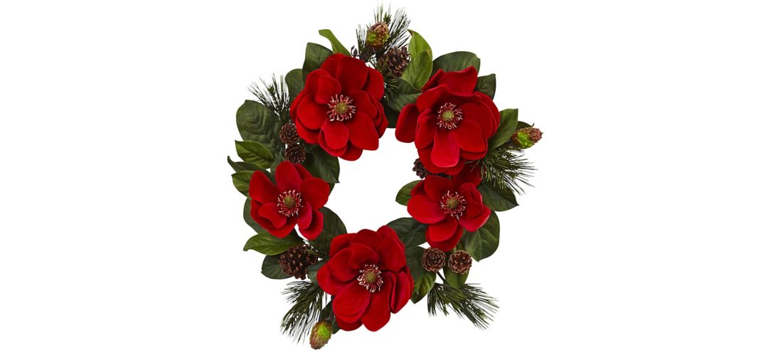 24” Red Magnolia & Pine Wreath