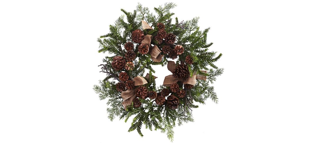 24” Pine & Pinecone Wreath with Burlap Bows