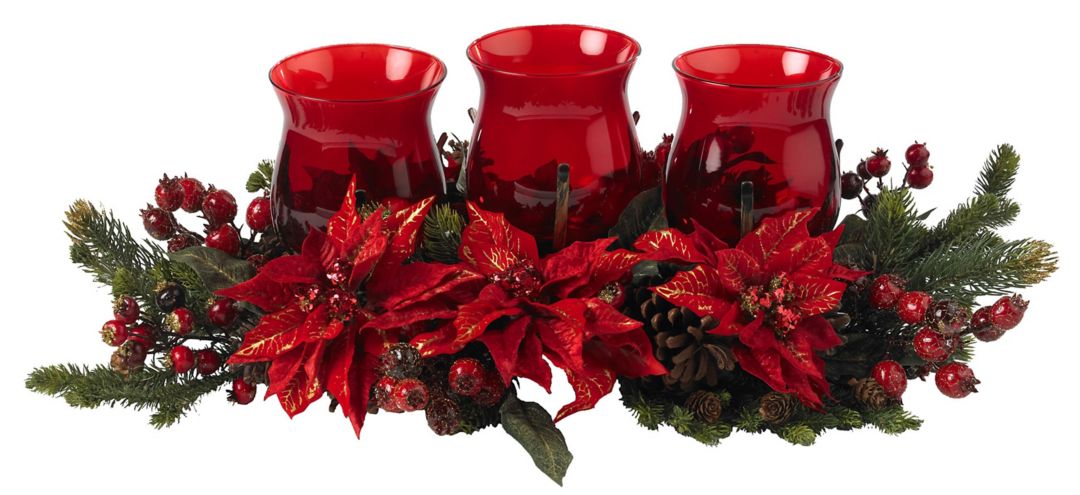 Poinsettia & Berry Triple Candelabrum