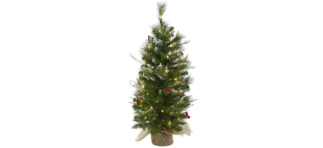 3' Christmas Tree with Clear Lights, Berries & Burlap Bag