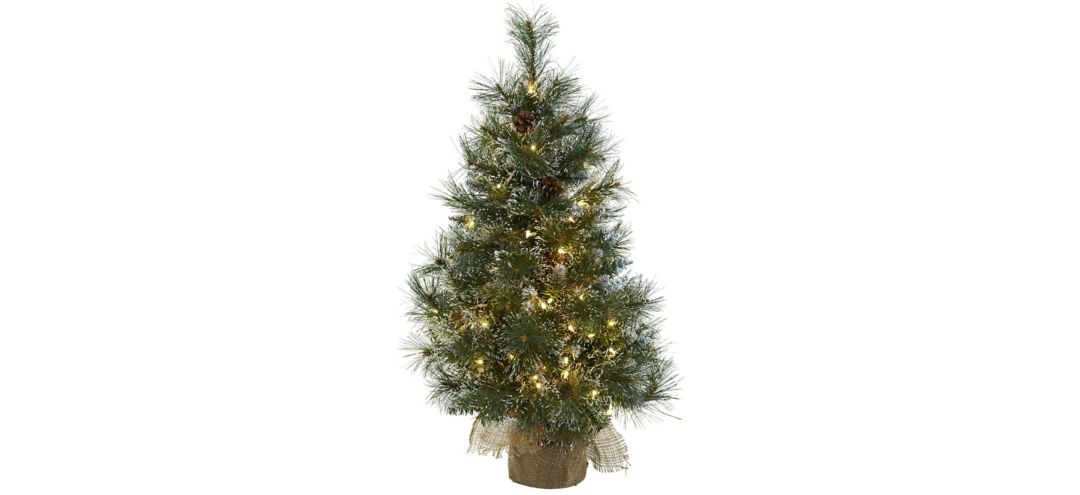 3' Christmas Tree with Clear Lights, Frosted Tips, Pinecones & Burlap Bag
